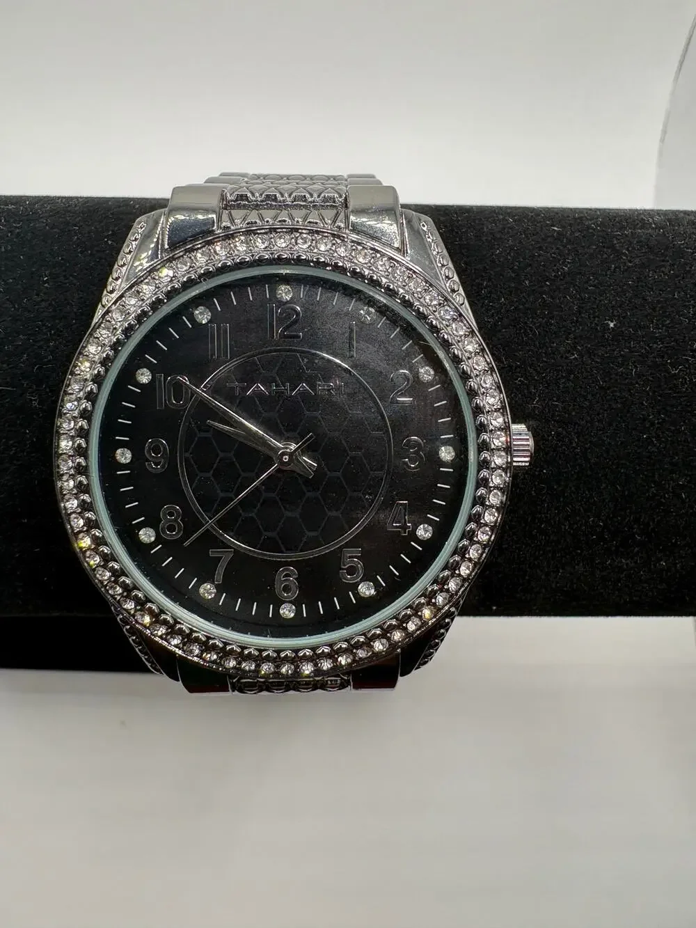 Tahari Crystal Bezel Black Dial Silver Watch